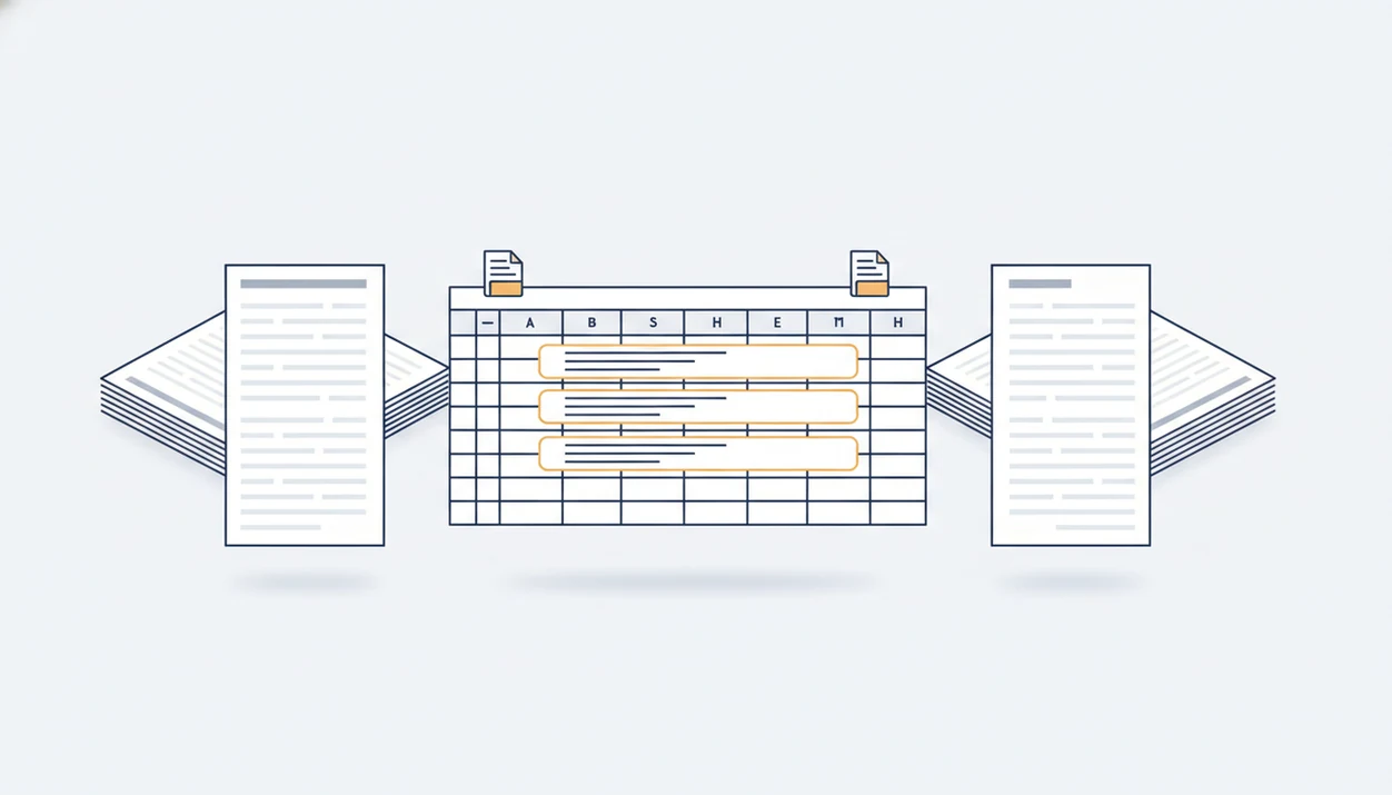 Two statement stacks merge into a spreadsheet grid where matching rows are highlighted as duplicates.
