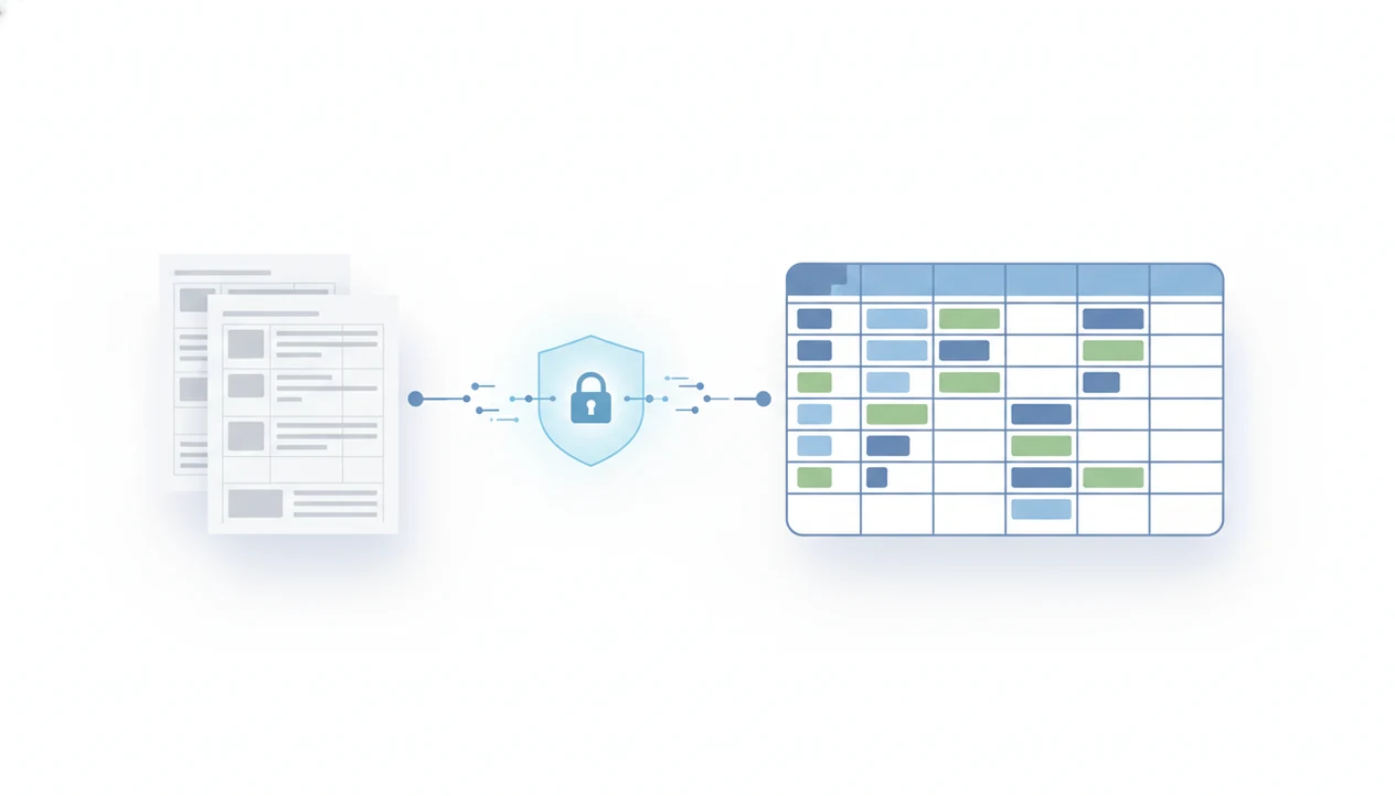Generic bank statement pages transform into a structured spreadsheet grid through a privacy shield.