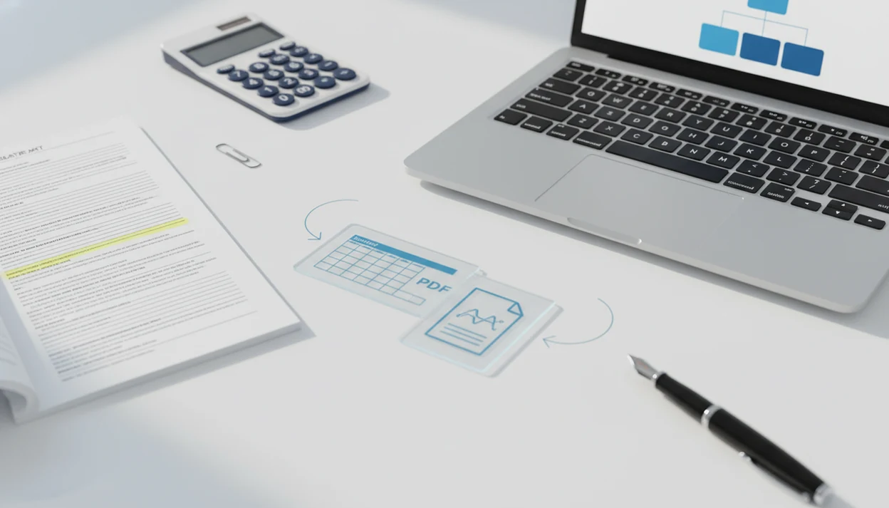 A blurred bank statement is shown converting into structured import files beside an accounting laptop.