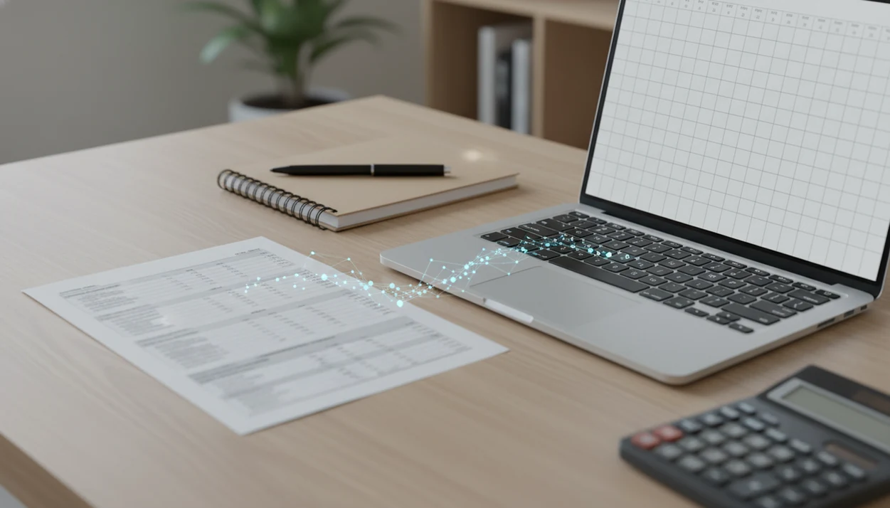 A blurred bank statement visually converts into a clean spreadsheet on a laptop for accounting review.