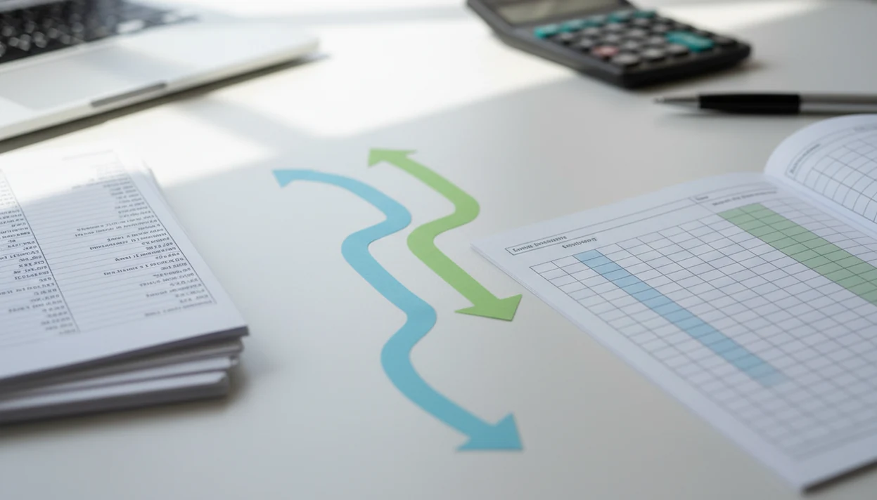 Generic bank statement pages being organized into separate deposit and withdrawal spreadsheet columns.
