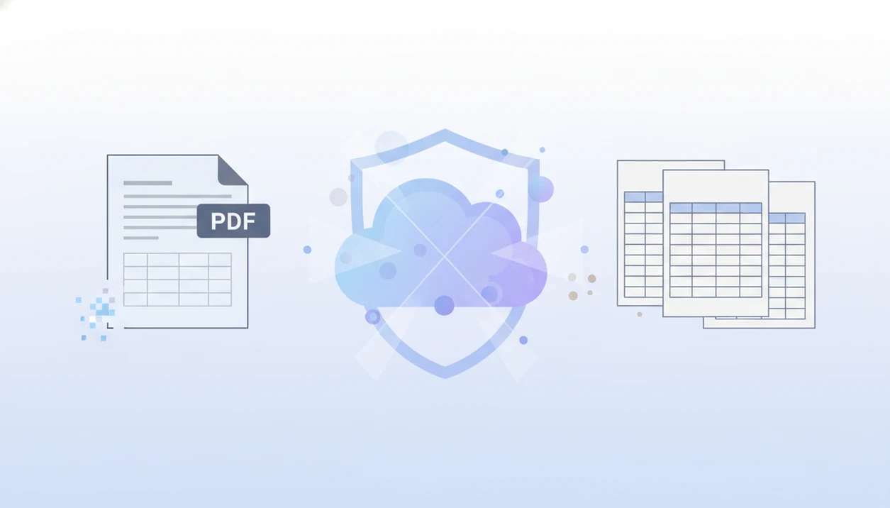 A privacy-focused illustration shows a bank statement moving through secure conversion and deletion steps.
