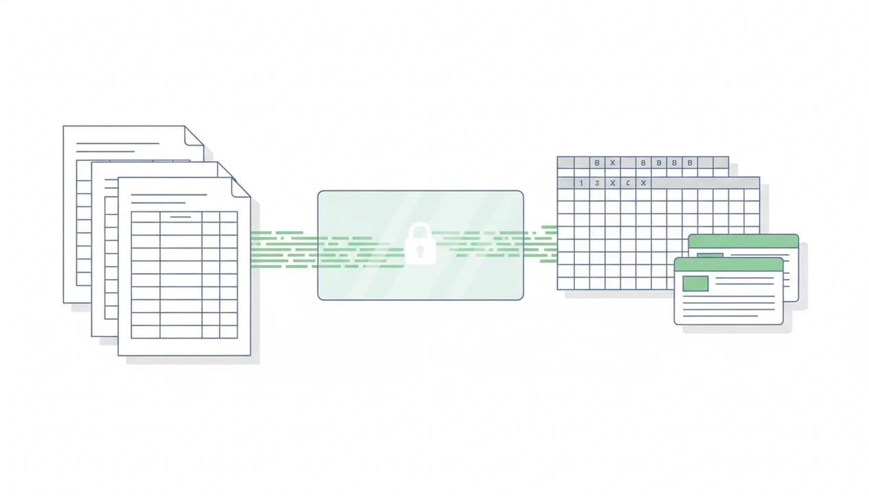Illustration of bank statement PDFs becoming structured spreadsheet and accounting files.