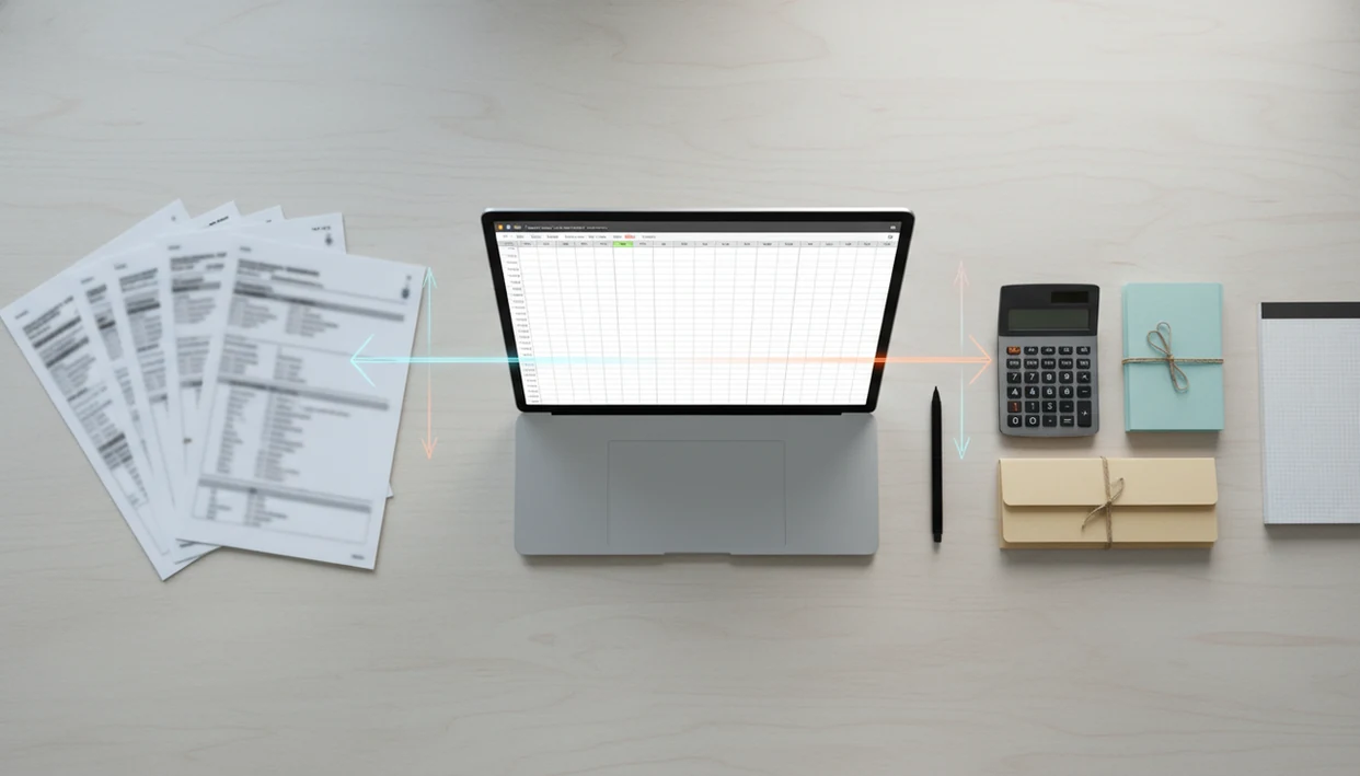 A desk shows blurred bank statements, a clean spreadsheet screen, and bookkeeping tools for CSV import.